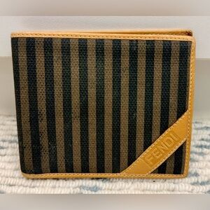 FENDI Vintage Rare Unisex Classic Pequin Striped Canvas Brown Leather Bi Wallet